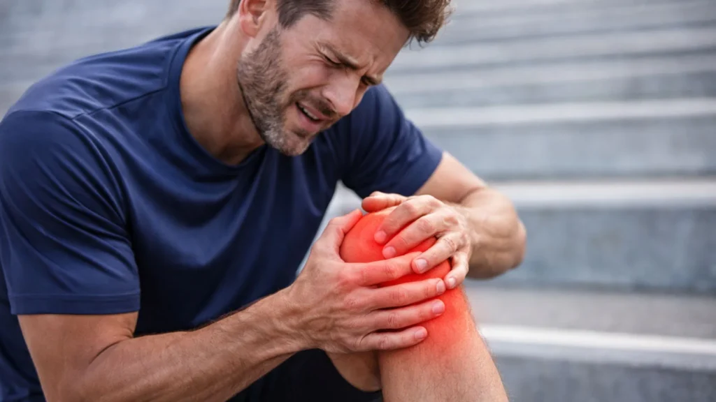 Hombre se duele de una tendinitis en la rodilla para tratarlo con magnetoterapia.